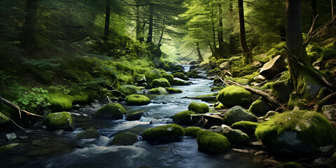  Forest Stream, Enchanted Forest in Germany, A river runs through a forest with moss covered rocks and trees, Tranquil Scene Of Flowing Water In Forest,  Generative AI - obrazy, fototapety, plakaty
