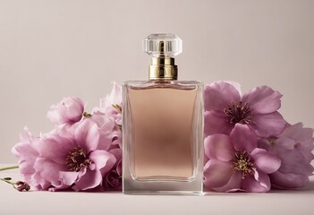 Close up of matte glass perfume bottle with lilac flowers on beige background. Selective mystic female toilet water. Concept of fragrance marketing. Ai generation