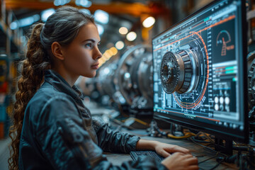 A focused woman in stylish clothing intently studies electronic engineering on her computer screen, her determined expression revealing her passion for technology