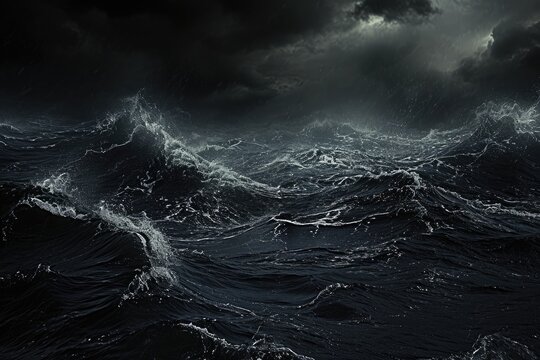 This photo captures the intensity of a black and white storm raging in the vast expanse of the ocean, Gothic style image of a dark and stormy sea, AI Generated