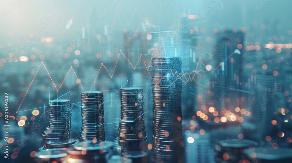 Poster stacks of coins with a backdrop of glowing blue digital graphs and circuitry, symbolizing the inters