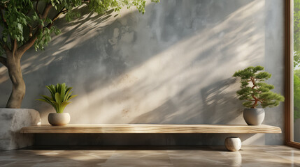 Serene Minimalist Interior with Bonsai and Sunlight Casting Shadows on Wall.
