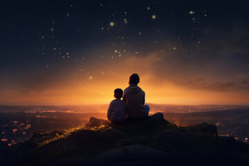 A boy stargazing with his mother after the sun sets