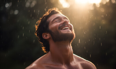 The happiness of a young man beautifully portrayed in a portrait as he stands beneath a soft rain.