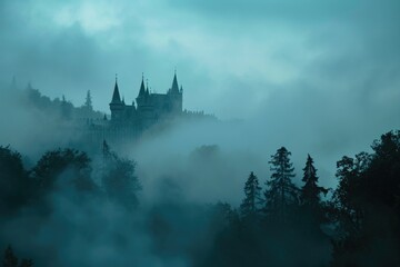 A castle emerges from the misty fog, commanding attention in the heart of a lush forest, Gothic vampire castle enveloped in fog, AI Generated - obrazy, fototapety, plakaty
