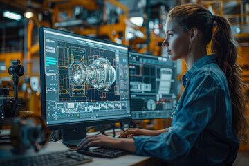 A woman engrossed in her computer screen, surrounded by clothing and electronics, works diligently as an electronic engineering technician, expertly manipulating the computer hardware and text displa
