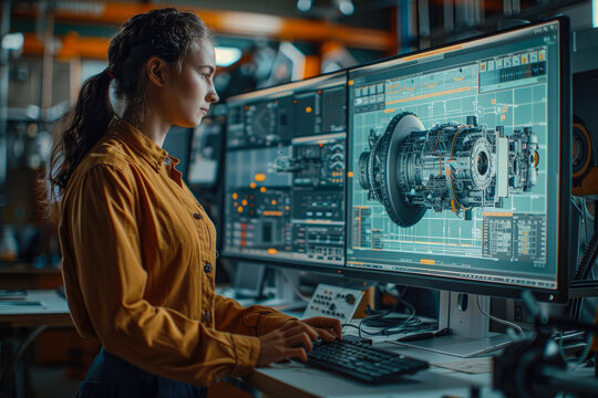 A focused female technician intently studies electronic engineering on her computer screen, surrounded by clothing and immersed in the world of computer hardware, showcasing her expertise in the fiel