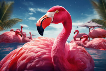 Fototapeta premium Beach summer holiday travel concept.Pink flamingo on beautiful sea background
