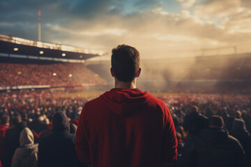 A still photograph with selective focus on a sports fan surrounded by a crowd of people looking onto a field - obrazy, fototapety, plakaty