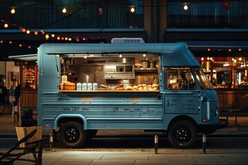 A bright red food truck with a striped canopy is parked on the busy city street, offering a variety of delicious food to passersby, Gourmet burger truck in an industrial urban setting, AI Generated - obrazy, fototapety, plakaty