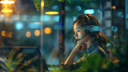 Obraz premium Beautiful asian call center operator wearing headset working at night.