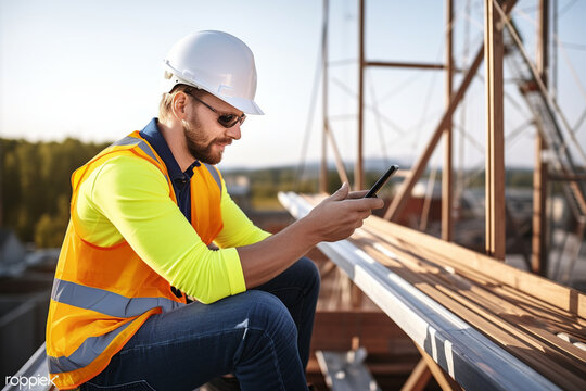 A young man using a smartphone while installing solar panels on the roof of a building, A construction worker working online with his phone on a renewable energy project