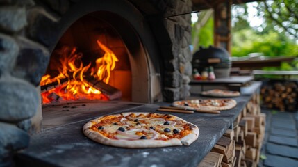 Pizza stove in a barbeque, outdoor kitchen - obrazy, fototapety, plakaty