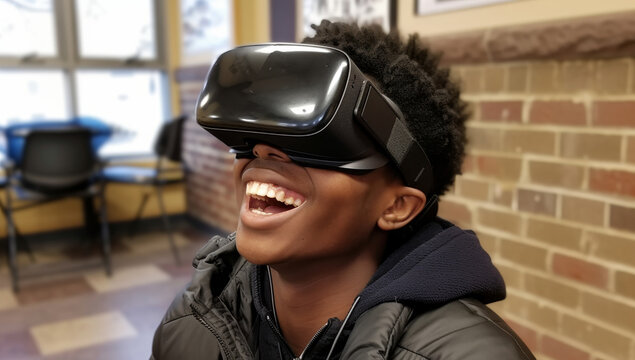 African american boy wearing virtual reality goggles