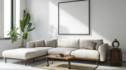modern living room with sofa, wooden furniture, and large blank canvas generative ai