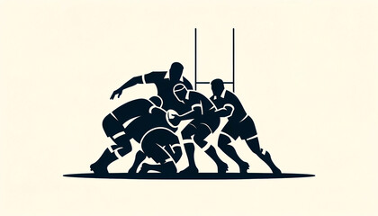 Silhouette of rugby players in a scrum against a light background, with goalposts in the background, depicting a tense moment in a rugby match.Sport concept.AI generated.