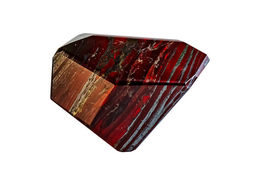 Polished jaspilite isolated on white background. Close-up of a taconite jasper jaspillite stone from the Krivoy Rog deposit of Ukraine.