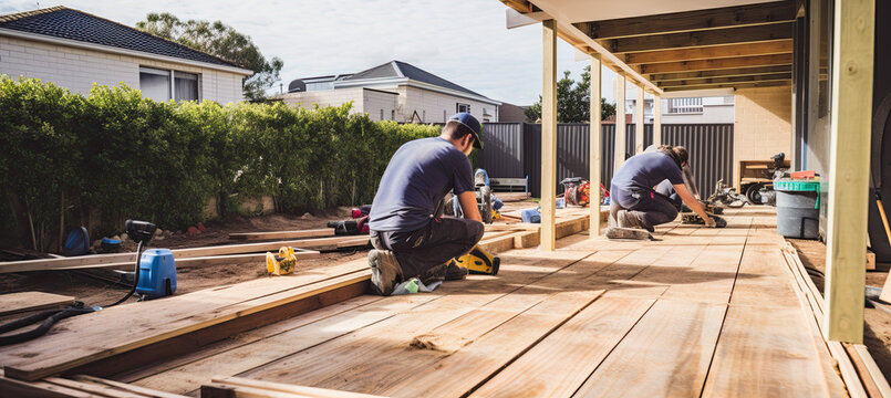 Builders focused on constructing a wooden deck for a residential property