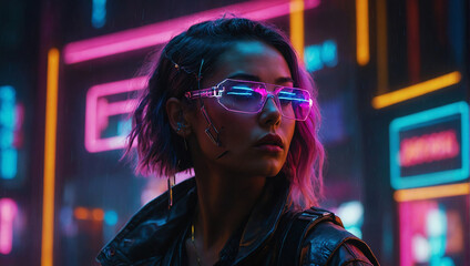 In a dystopian future, a beautiful, intelligent, and stubborn woman navigates a world of industry, neon lights, and rainbow colors. - obrazy, fototapety, plakaty