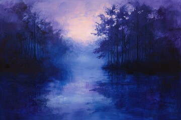 Fototapeta na wymiar Painting of a River Flowing Through a Forest, Gradual blending of twilight hues - deep purples fading into midnight blues, AI Generated