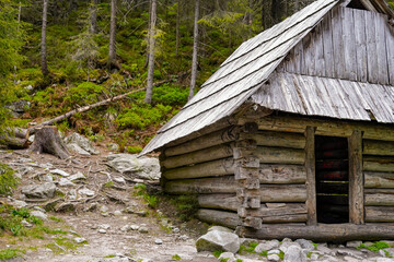 Morskie Oko trail , hike in the Tatras mountains , abandonned wooden cabin