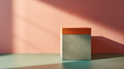 Pedestal in colorful room with shadows on the wall. Rich colored podium scene for product display.