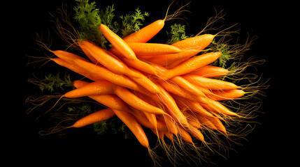 fresh organic carrots on black background with reflection of water. healthy food concept.