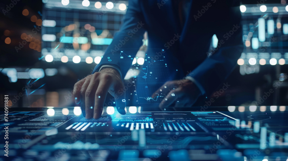 Poster person in a business suit is interacting with a futuristic holographic display of graphs and data an