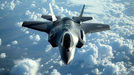 modern fifth generation combat air fighter jet in sky, advanced stealth military aircraft flying