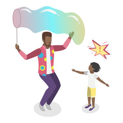 3D Isometric Flat  Set of Soap Bubble Show. Item 1