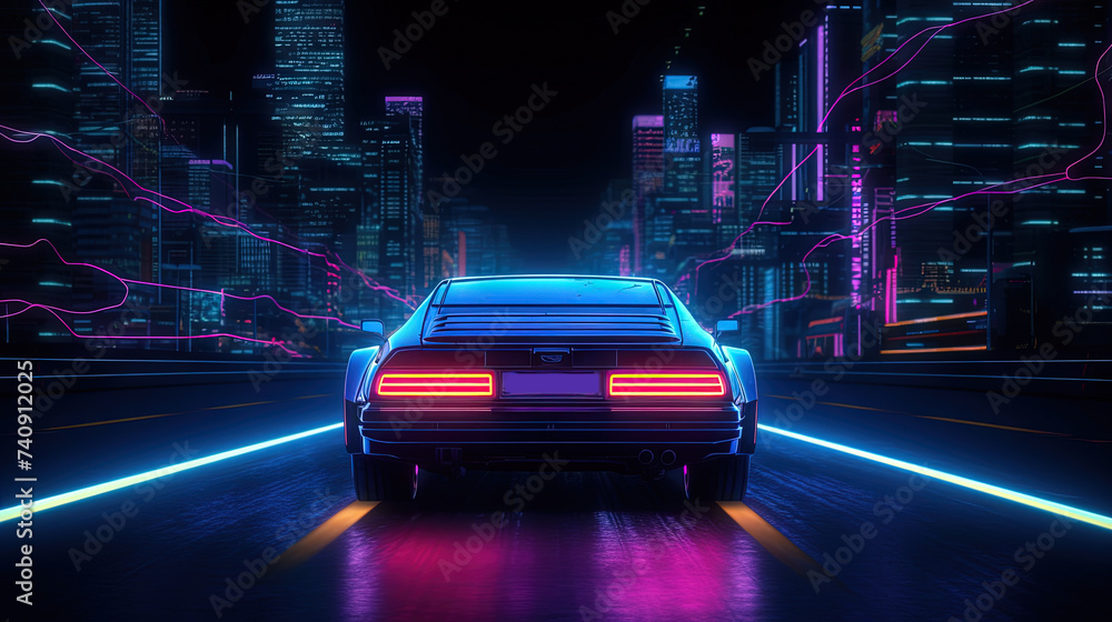 Poster car ride on the neon road in 80s retro synthwave style.