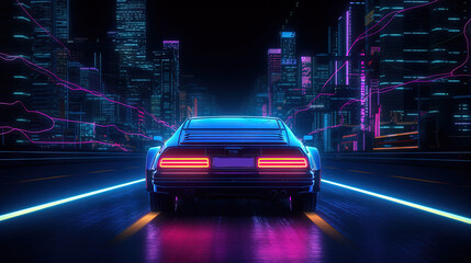 Fototapeta premium Car ride on the neon road in 80s retro synthwave style.
