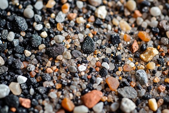This close-up photo showcases a diverse assortment of rocks and gravel, displaying their textures and colors, Granular details of assorted grains of sand, AI Generated