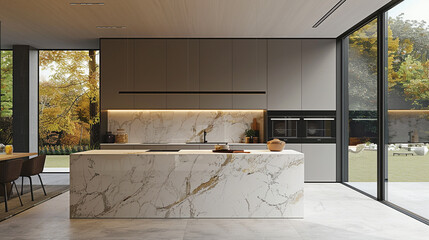 Bulk head inside a modern kitchen with stone bench interior design