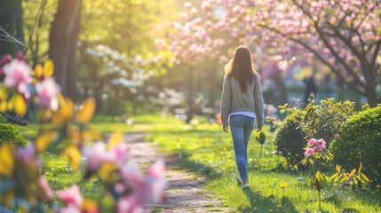 A woman enjoying a leisurely walk in a park admiring the spring blooms and soaking up the sunshine