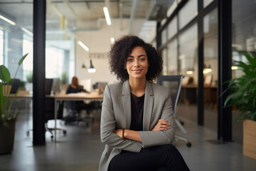 Full-length shot of successful female estate agent smiling at camera while sitting in an empty workspace. Commercial real estate industry. Diversity, Equity and Inclusion in the workplace - obrazy, fototapety, plakaty