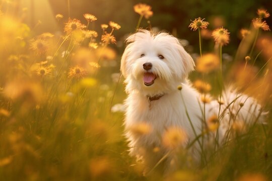 Coton de tulear dog sitting in meadow field surrounded by vibrant wildflowers and grass on sunny day ai generated
