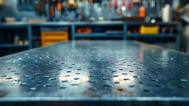 A metal blank tabletop with blurred automotive tools and parts in the background suitable for promoting automotive products