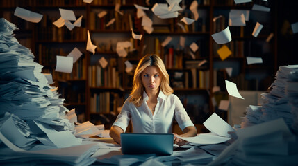 young woman reading a pile of books in office