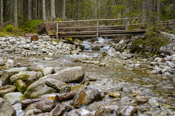 Morskie Oko trail , hike in the Tatras mountains , old wooden bridge over the river - obrazy, fototapety, plakaty