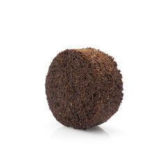 Used ground coffee tab, waste from espresso machine isolated on white background. Natural body scrub ingredient, garden fertilizer.	       