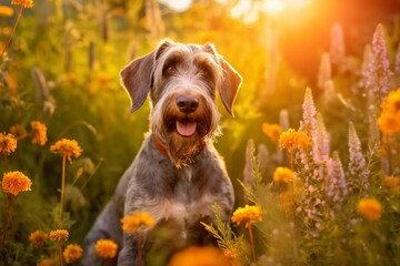 German wirehaired pointer dog sitting in meadow field surrounded by vibrant wildflowers and grass on sunny day ai generated