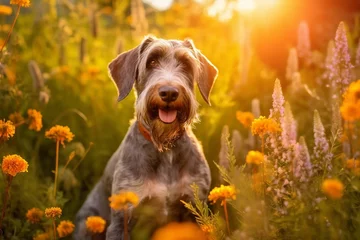 Crédence de cuisine en verre imprimé Prairie, marais German wirehaired pointer dog sitting in meadow field surrounded by vibrant wildflowers and grass on sunny day ai generated