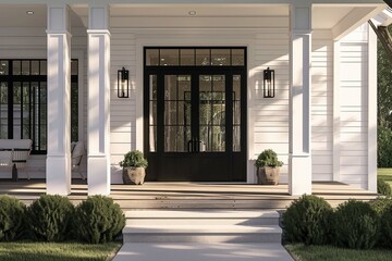 A beautiful farmhouse ranch with white siding and a black front door. Detail shot of the front door. - obrazy, fototapety, plakaty