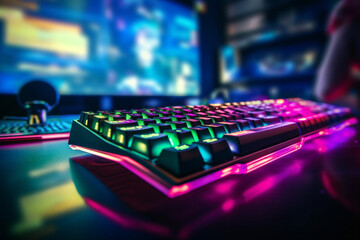 Keyboard, mouse and hands of person gaming in dark neon bedroom, home or night Closeup of pc gamer, streamer or computer click for playing video game, esports or streaming connection for cyber battle