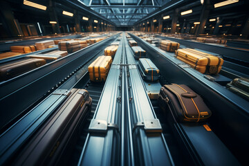 Luggage's Moving On Airport Conveyor Belt Overhead View