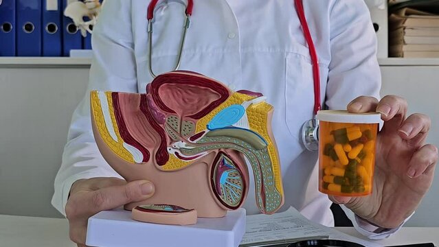 Doctor makes diagnosis and gives advice on treating male erectile dysfunction. Man health problems and pills