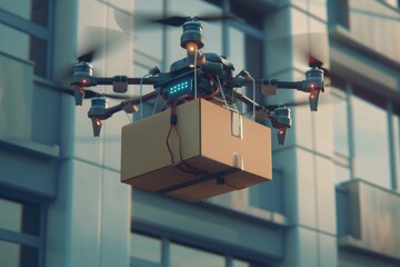 Smart package Drone Delivery ai frameworks. Box shipping drone cargo delivery parcel municipality transportation. Logistic tech compostable box mobility smart curtains