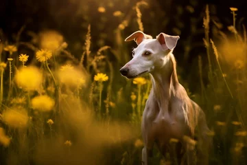 Papier Peint photo Prairie, marais Italian greyhound dog sitting in meadow field surrounded by vibrant wildflowers and grass on sunny day ai generated