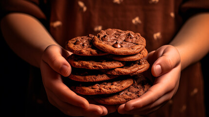 female hands holding chocolate chip cookies on dark background
